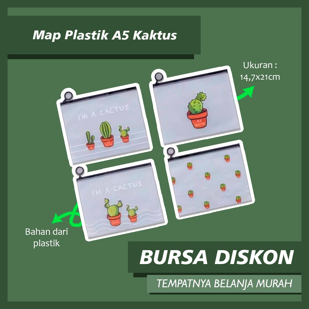 

Map Plastik Kaktus Cactus ukuran A5 Zip Lock Pouch Kotak Pensil Bening Transparan Ziplok
