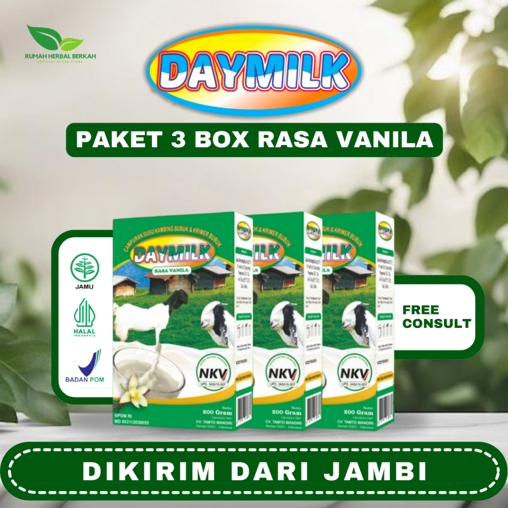 

Daymilk Vanila (Paket 3 BOX) - Susu Kambing Etawa Cegah Osteoporosis, Atasi Nyeri Sendi, Rematik, Jaga Kesehatan Tulang dan Sendi, Asam Urat, Sesak Napas dan Gangguan Pernapasan, Manambah Imunitas Tubuh, Aman Busui dan Bumil - 200 Gram HALAL Jambi