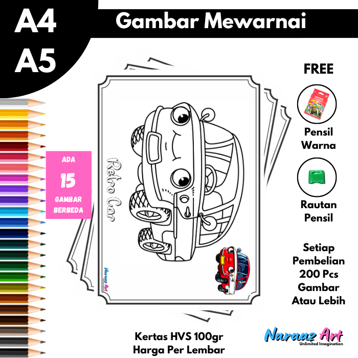 

Gambar Mewarnai Paket 50 Gambar Berbeda Gambar Sketsa Bukan Buku TK PAUD SD Kertas HVS 100gsm (paket mobil)