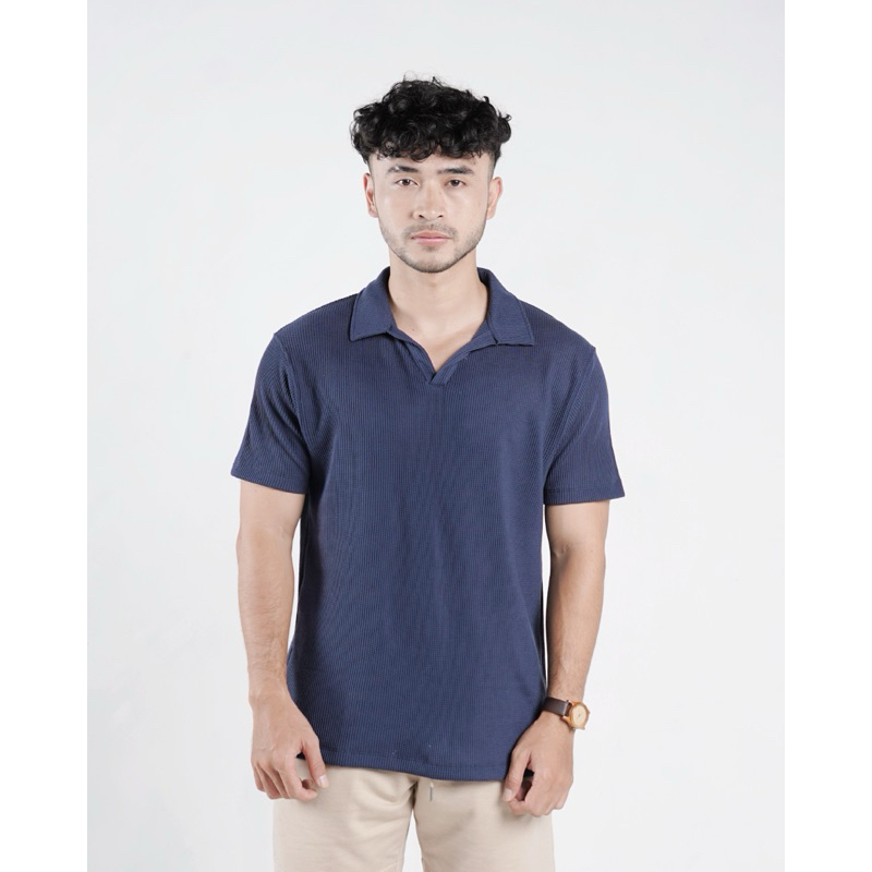 MENLIVING Polo Shirt Waffle Wimbledon Navy Blue Biru
