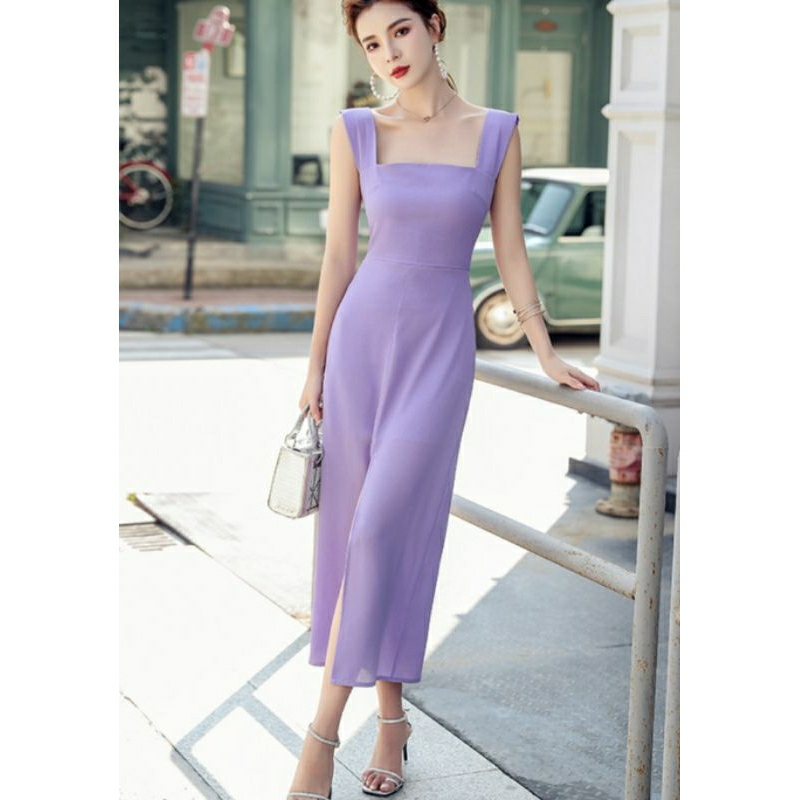 (WITH TAG) OVERALL DRESS LILAC SUMMER BODYCON SLIT SQUARE NECK KOREA FREE BLOUSE PUTIH