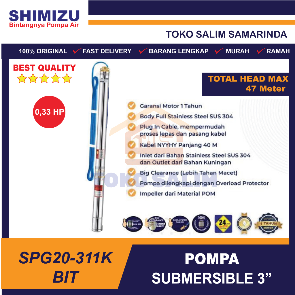 Pompa Submersible Satelit 3" SHIMIZU SPG20-311K BIT