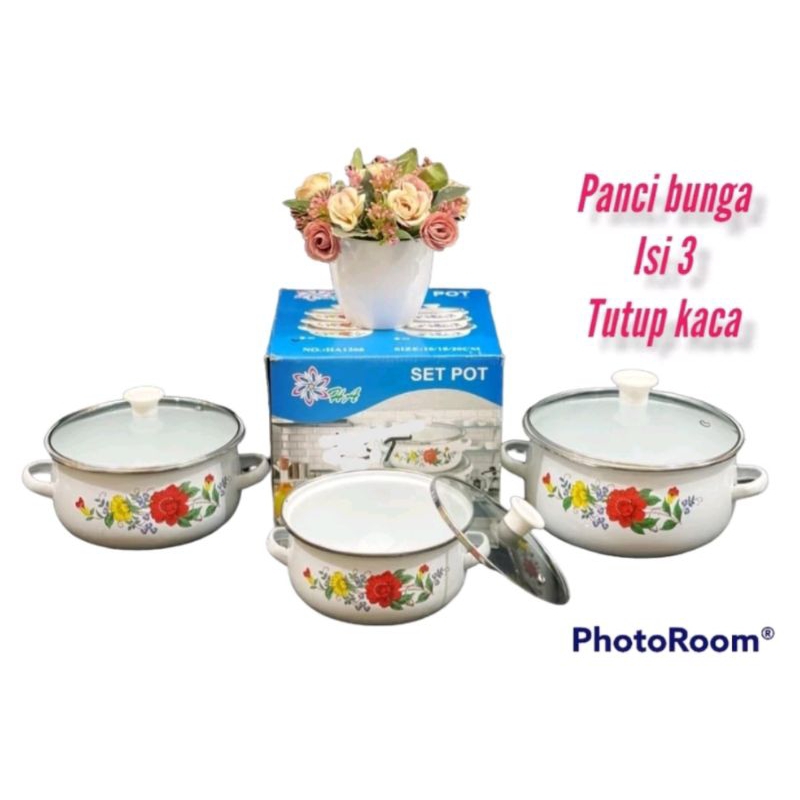 PANCI BUNGA SET 3IN 1 TUTUP KACA ENAMEL Motif