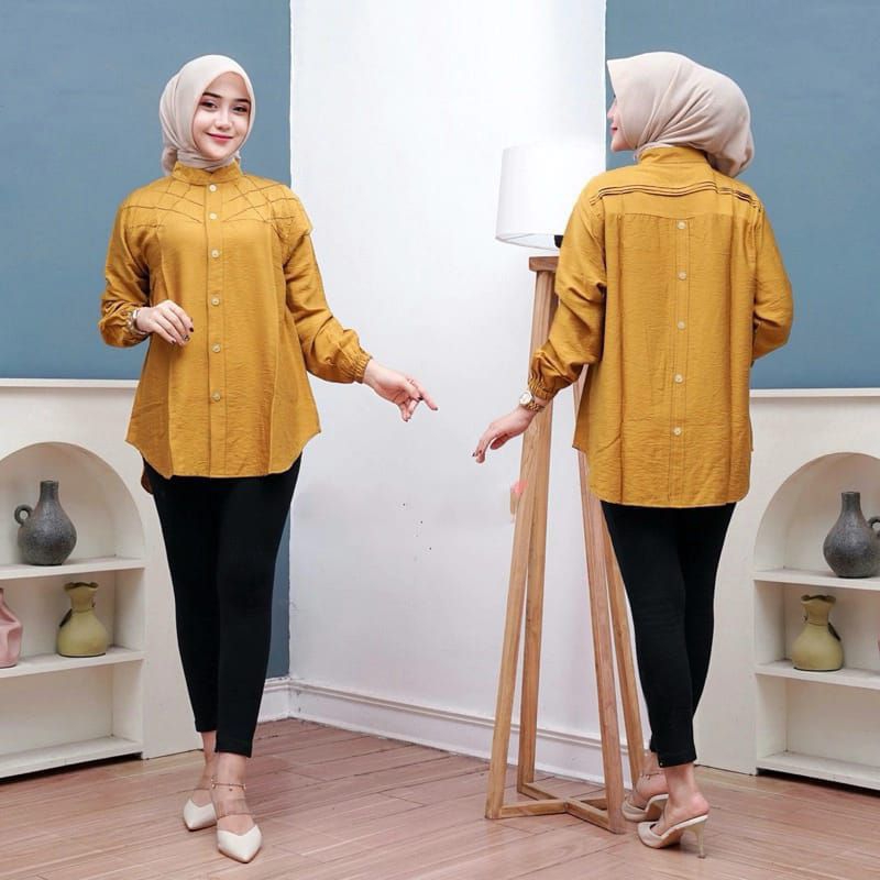 Mona Blouse Rempel Kancing Belakang Ld 110 Ld 120 Atasan Polo Linen Terbaru