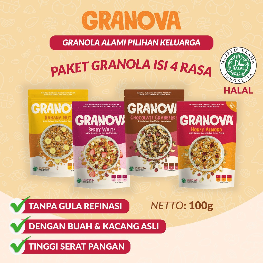 

Granova - Granola 100 gr x 4 pcs (Honey Almond, Choco Cranberry, Banana Walnut, Berry White) - Sereal, Sarapan Sehat, Halal