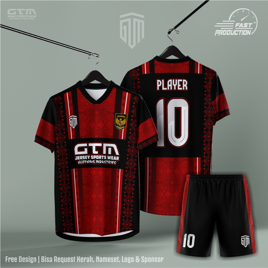 Jersey Bola Futsal Printing Hitam Merah Kerah Vneck ~ Free Custom Design