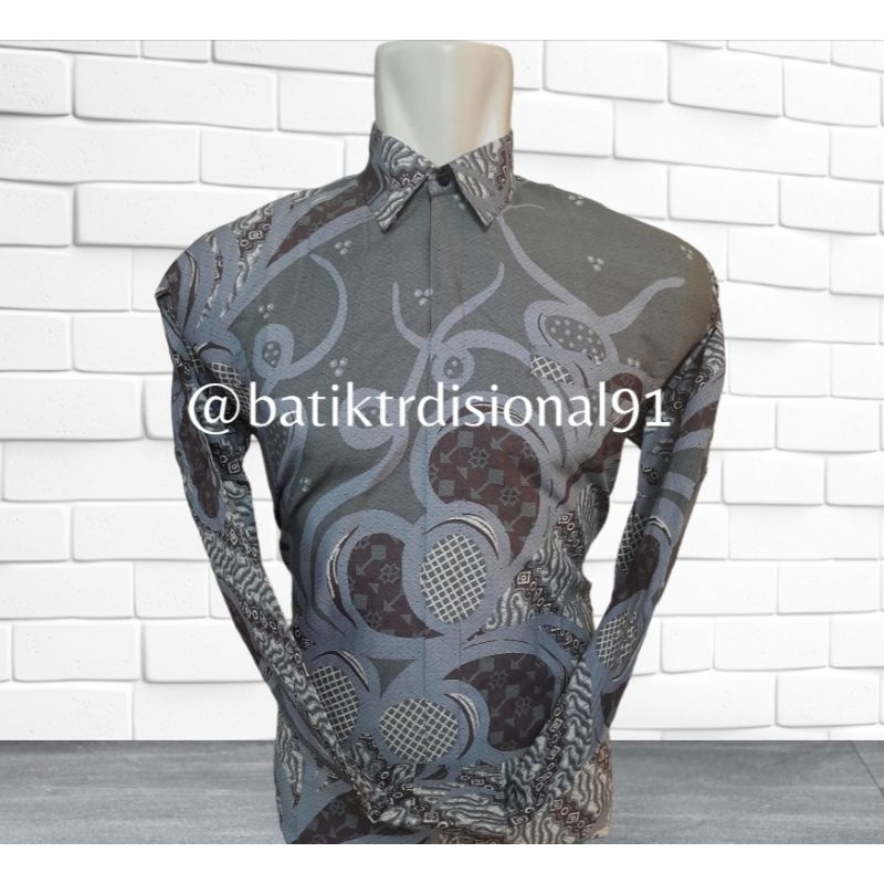 Batik Pria Lengan Panjang Katun Solo primisima Abu muda