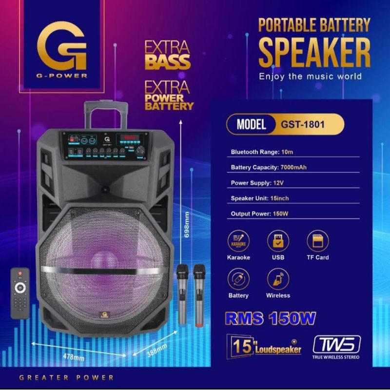 SPEAKER G-POWER GST-1801 PORTABLE BATREY MERK GST-1801 UKURAN 15INCH SUDAH PAKAI REMOTE+ 2MIC WIRELE