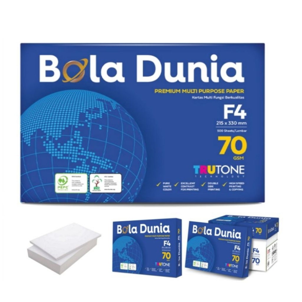 

Kertas HVS 70 gsm Bola Dunia A4 F4 1 Rim/ Box