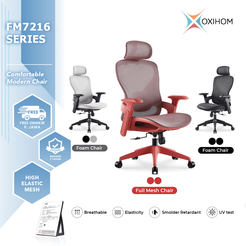 Oxihom FM7216 Kursi Gaming Mesh Nyaman Ergonomis Stylish Hitam/Abu/Merah