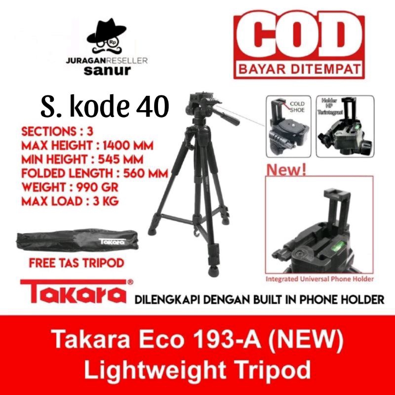 Tripod Takara ECO-193A For kamera Mirroless DSLR for Canon Fuji flim max 3kg free tas