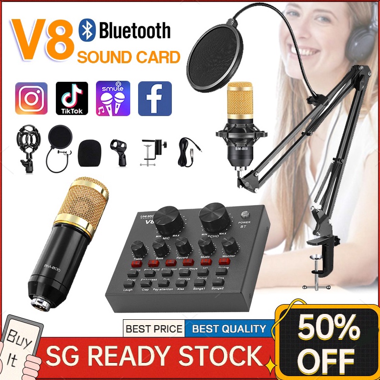SOUNDCARD V8 PLUS LENGKAP MIC V8 SOUND CARD WITH BM8 MICROPHONE LIVE BROADCAST EQUIPMENT FULL SET OF