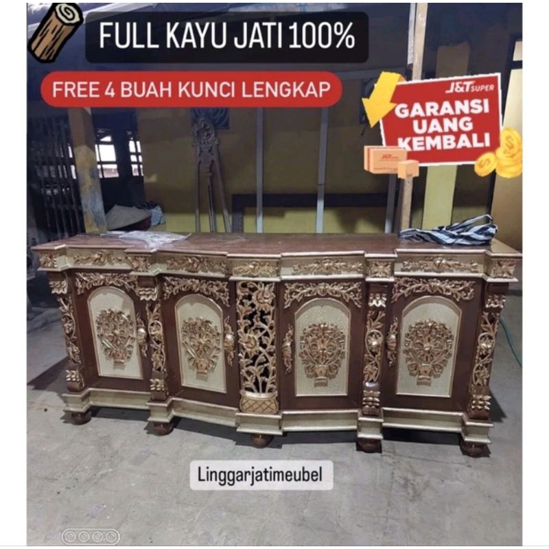 Linggarjati Bufet Jati Shima Bufet Konsol Kayu Jati Meja Tv Ukir Marmer Jepara