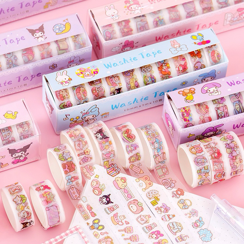 stiker momo washi tape isolasi stiker lucu 1 box isi 10 roll / isolasi momo kuromi melody stiker mom