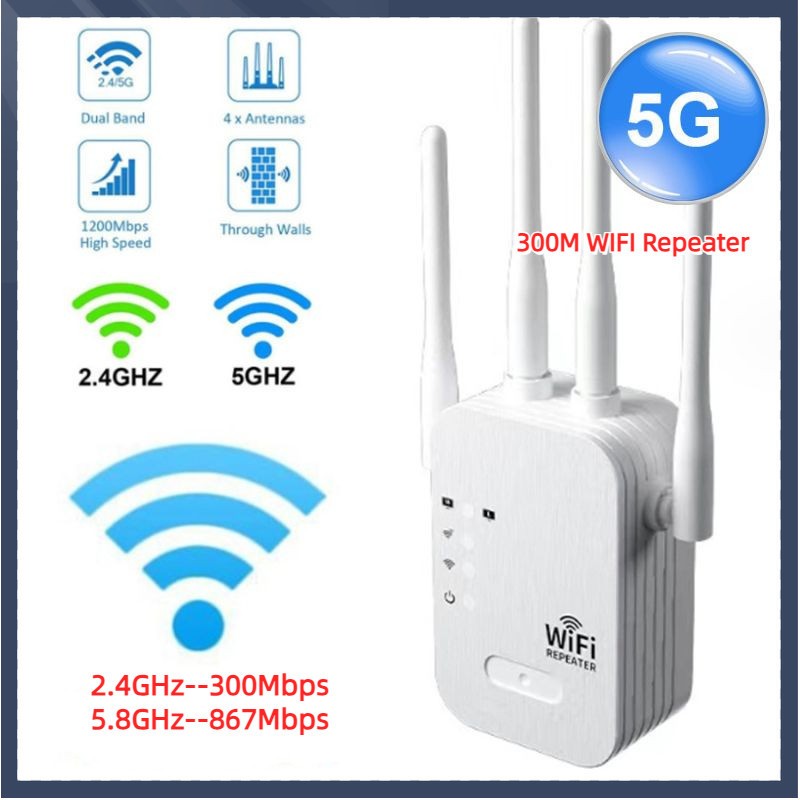 Wifi Repeater 1200M Wireless Penguat Sinyal 2.4G+5G Amplifier Booster 4 Antenna Range Extender Alat