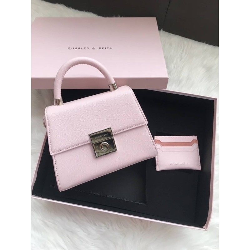 TAS WANITA GIFT SET PRINTED HANDLE TAS CK BLACK PINK WITH CARD HOLDER FREE BOX