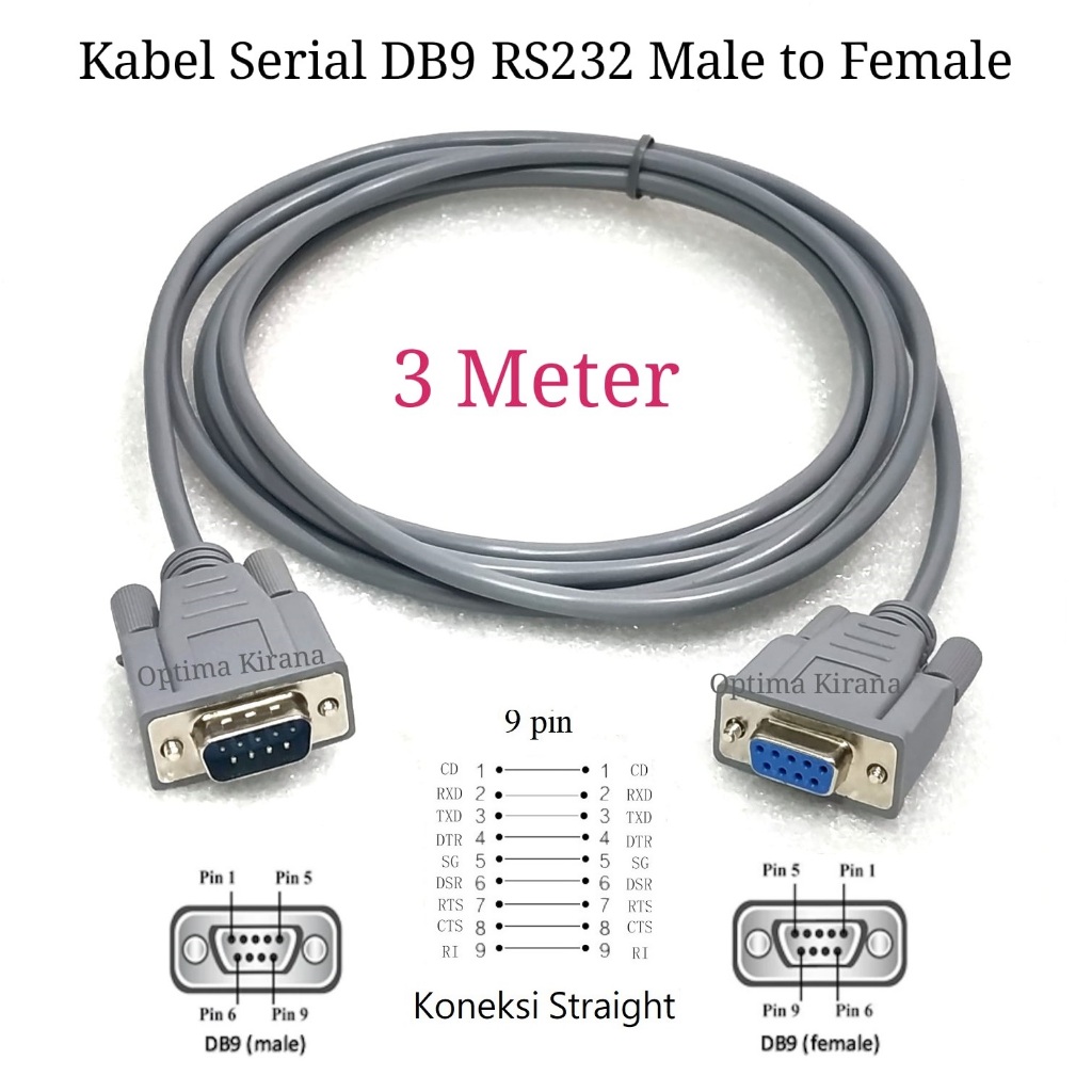 Kabel Serial DB9 3M m-f RS232 Male to Female pin 9 data COM port console 3 METER DB-9 RS-232 koneksi