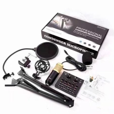 Mikrofon Condenser BM800 Full Set Paket Recording Condenser Adjustable Desktop Stand + V8 SOUNDCARD 