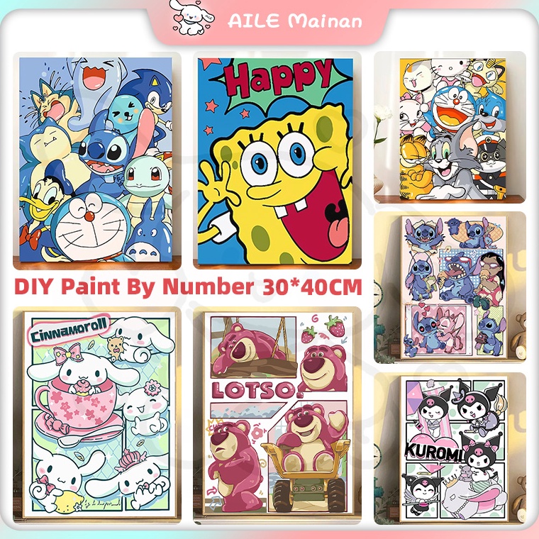 

KODE G94I Paint By Number 3 x 4CM Sanrio Canvas Painting By Numbers Kit Digital Oil Painting DIY Lukisan Pokemon Lotso Kuromi with Frame Digital Painting Landscape Cartoon Anime Series