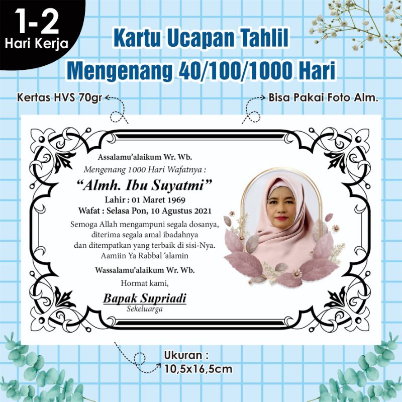 Kartu Ucapan Tahlil Mengenang 7/40/100/1000 hari wafatnya, Kartu Ucapan Mengenang Print Ucapan Kotak