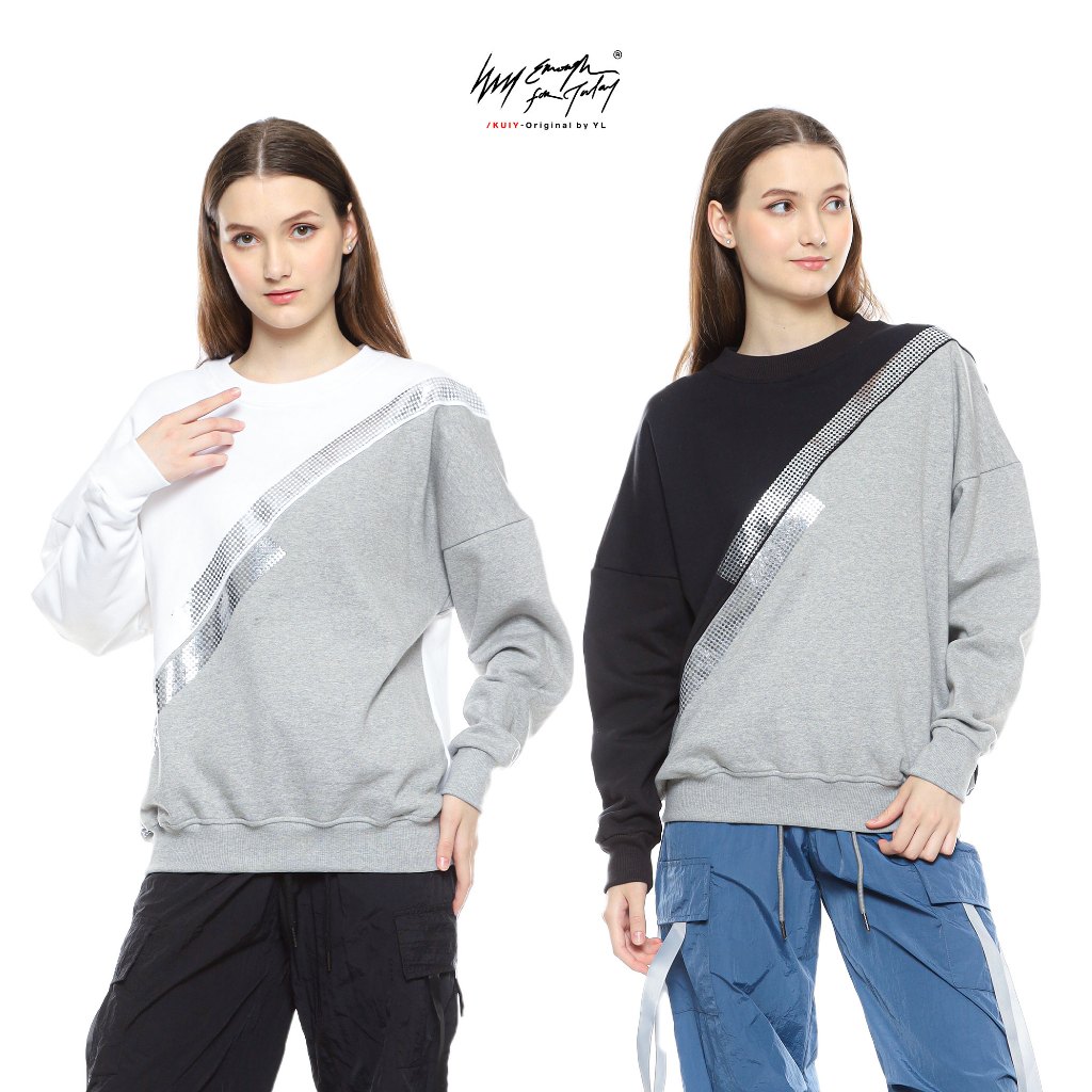 Enough-Sweater Crewneck Oversize Wanita Pria Kombinasi Warna Putih Hitam Misty Sablon Foil Diamonds
