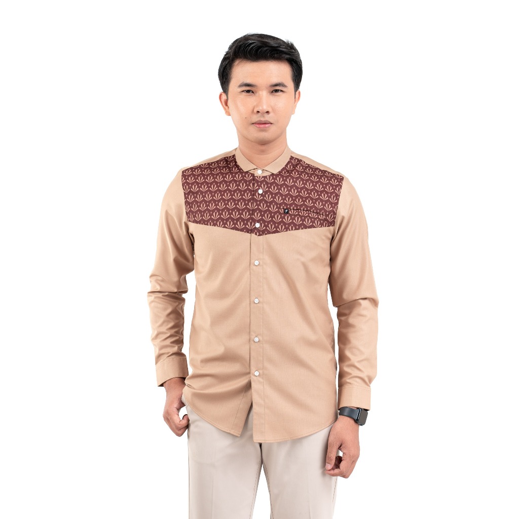 BAJU KOKO PRIA MODERN FADKHERA AL IHSAN LENGAN PANJANG BEIGE MAROON COKLAT