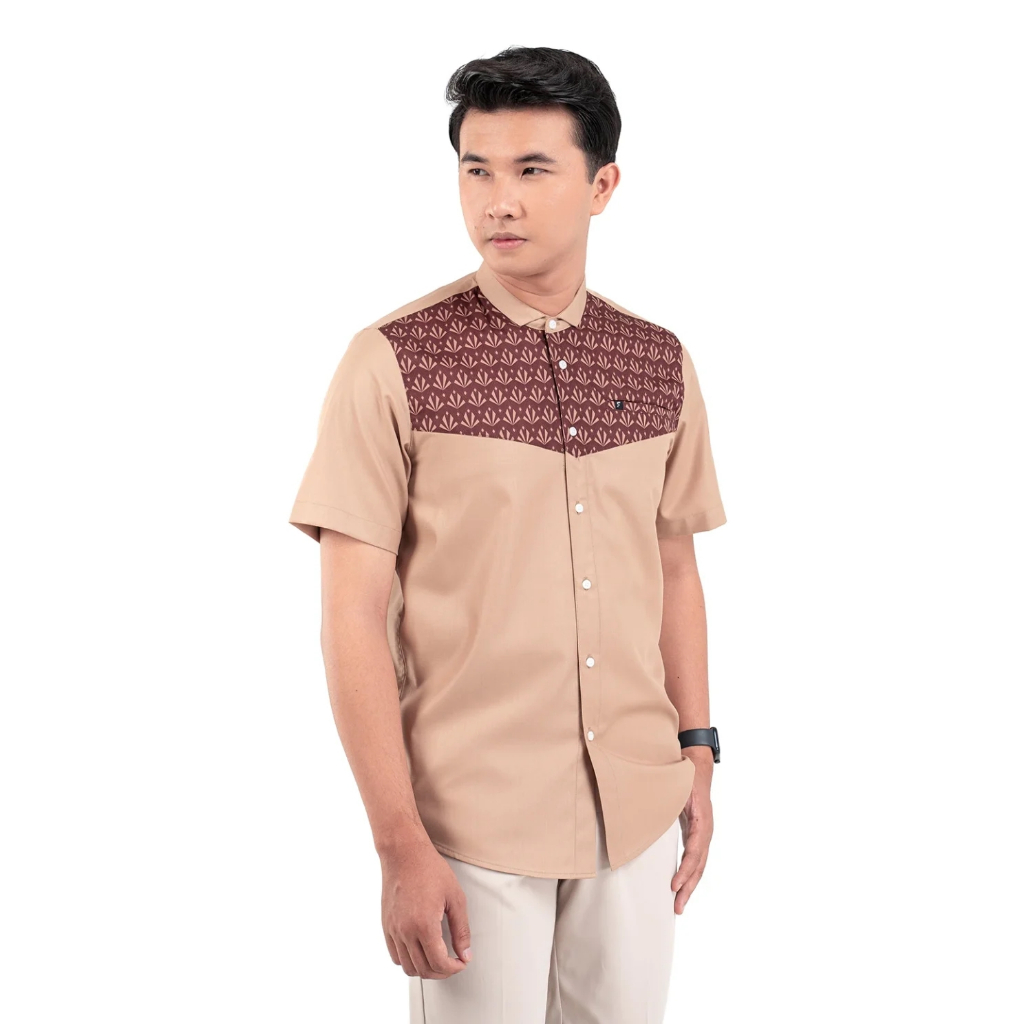 BAJU KOKO PRIA MODERN FADKHERA AL IHSAN LENGAN PENDEK BEIGE MAROON COKLAT