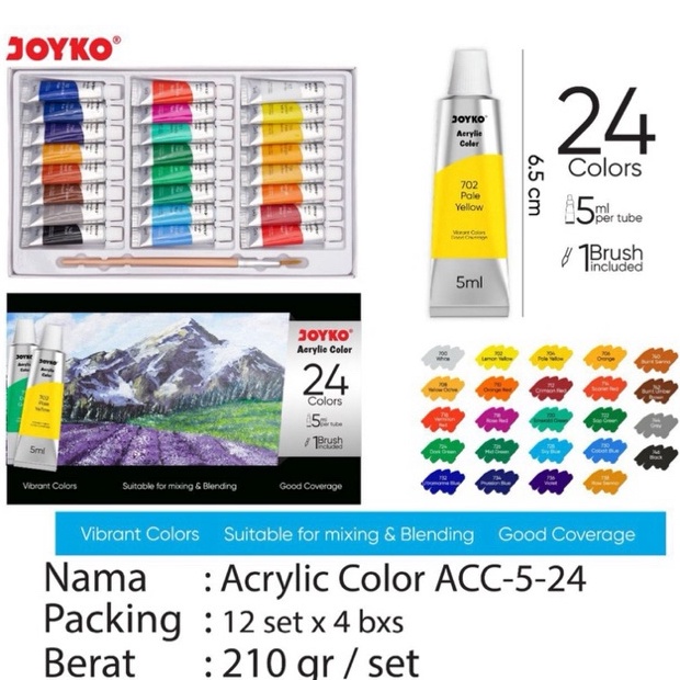

KODE P74H 1 set Acrylic Color Paint 24 Warna Cat Acrylic Joyko warna Neon 24W Cat Akrilik Murah 24 Color