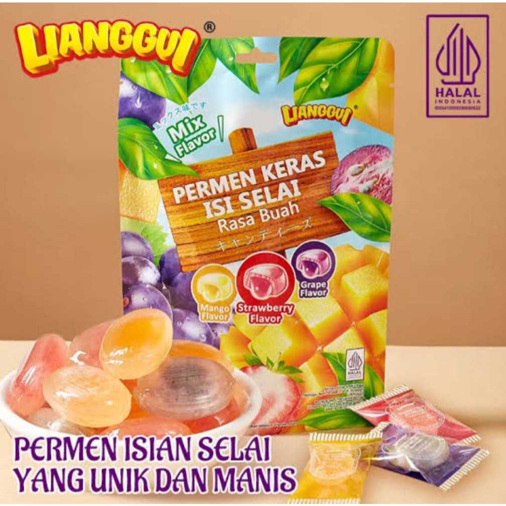 

Lianggui Permen Keras isi Selai Aneka Rasa Buah Mangga Strawberry Anggur 108g Halal