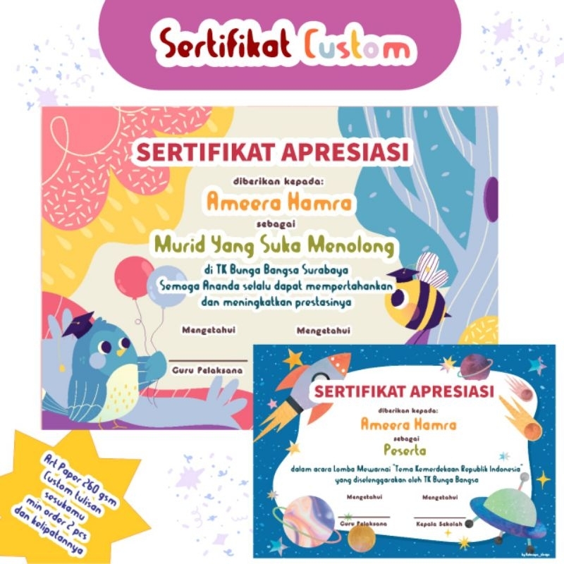 

Sertifikat Sekolah/Sertifikat Anak/Sertifikat Imunisasi/Sertifikat Lomba/Sertifikat Sunat/Sertifikat Penghargaan
