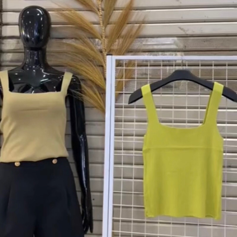 tank top premium knit crop tanktop square neck lalune white creme green olive sage khaki brown sexy 