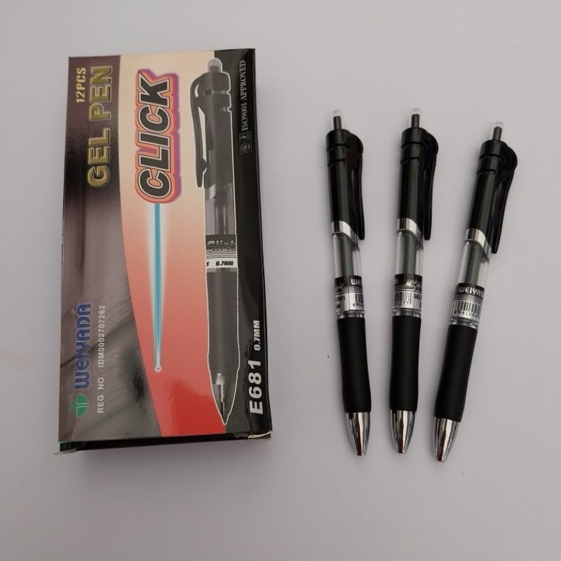 

Bolpoint gel weiyada E681 warna hitam perbox isi 12Pcs