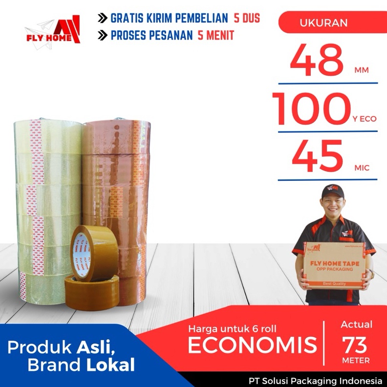 

KODE S6W2 FLYHOME Lakban coklat 1 yard 2inci 48mm x 1yard 6 roll ECO