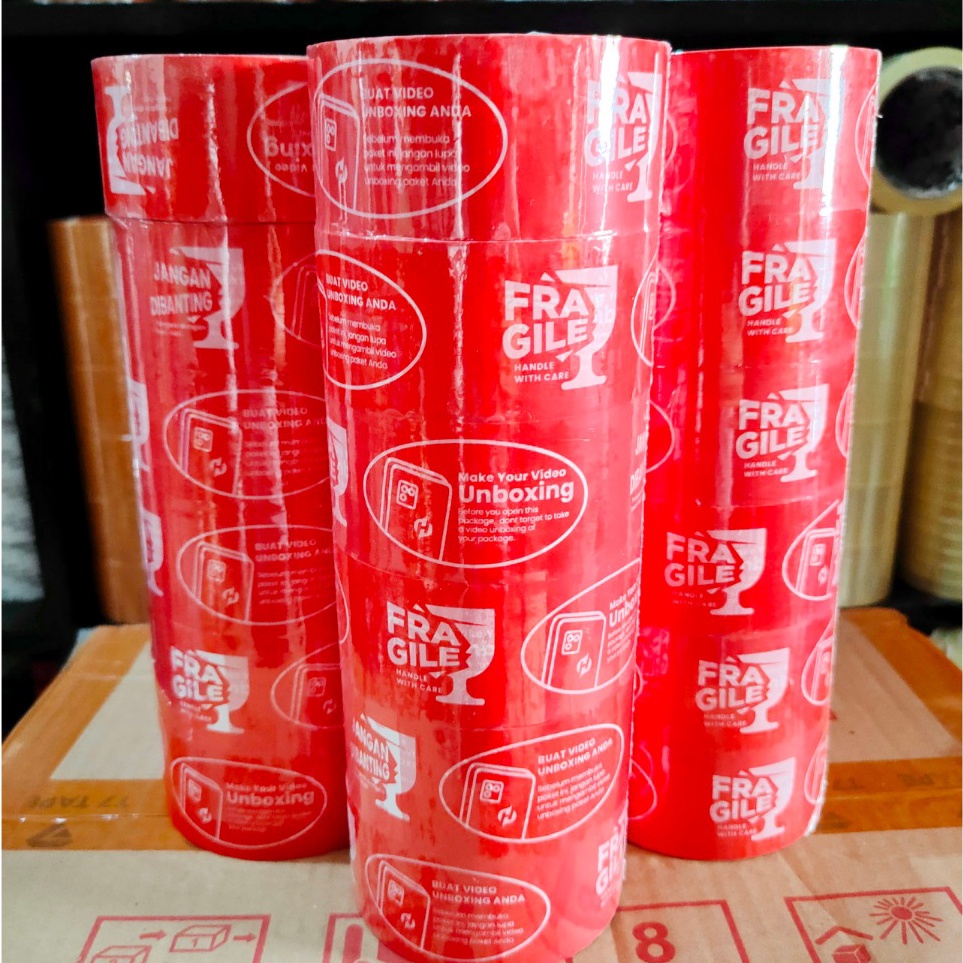 

KODE G5Q2 Lakban Unboxing Fragile 1 Pack Isi 6 Roll 2 Inch 45mm x 72 yard Selotip Packing Jangan Di Banting Isolasi Opp Merah