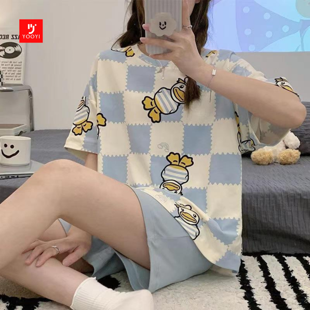 Yooyi Baju Tidur Wanita New Motif HP Piyama Lengan Pendek Celana Pendek Setelan Tidur Hotpants Fit D