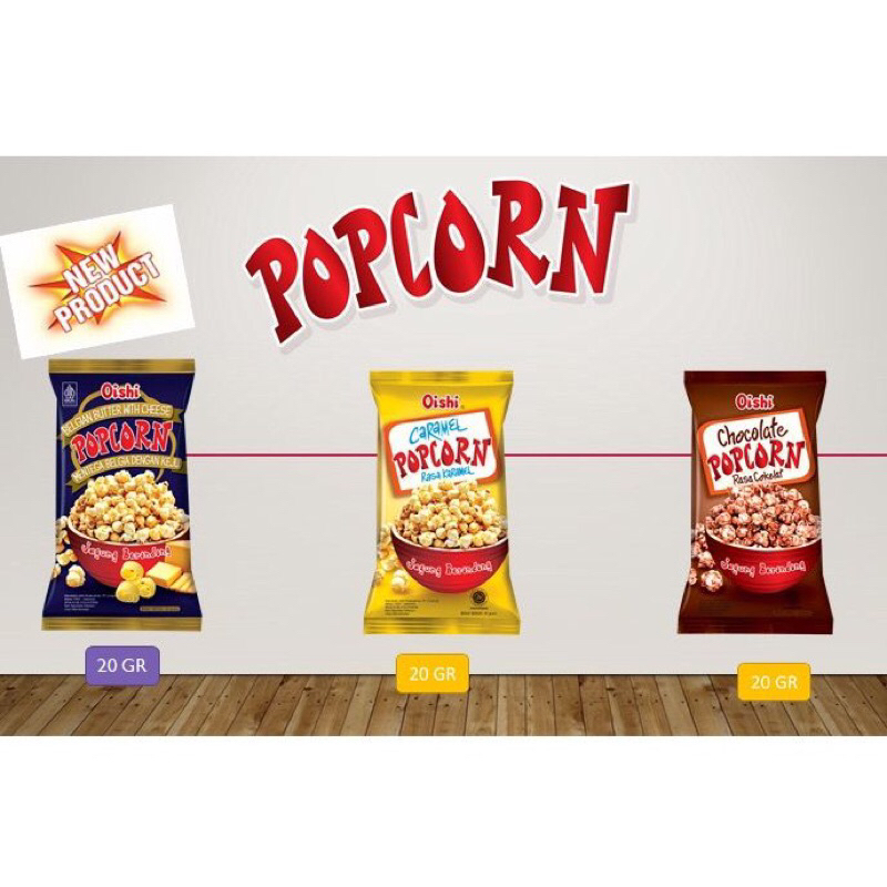 oishi popcorn renceng 20gram karamel, mentega, coklat