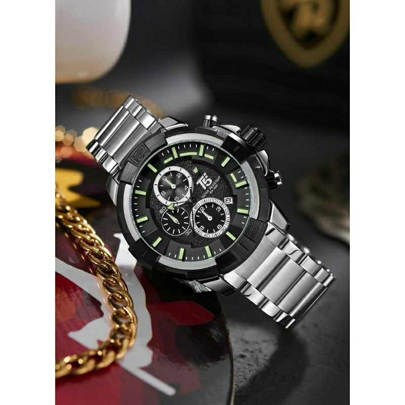 Jam Tangan Pria T5 H3815G Rantai Silver Black Chrono aktif Original