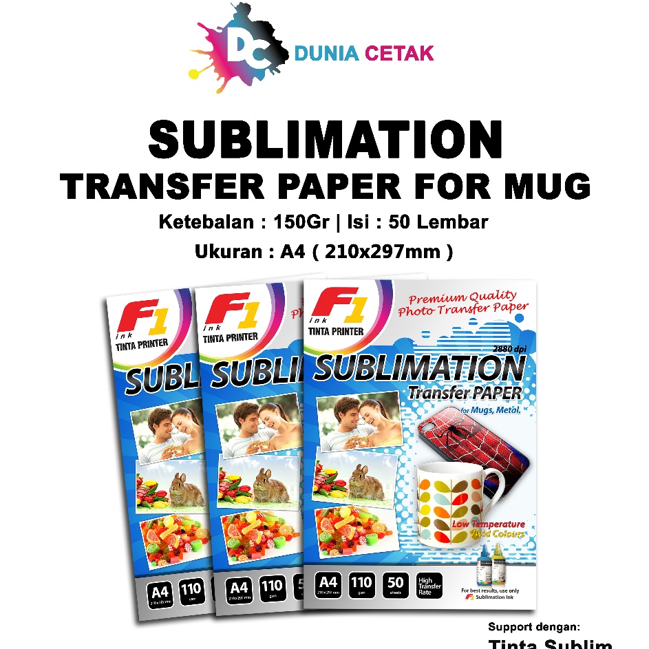

Tawaran Kes Sublim F1 Ink Sublimation Transfer Paper For Mug A4 Isi 5 Lembar
