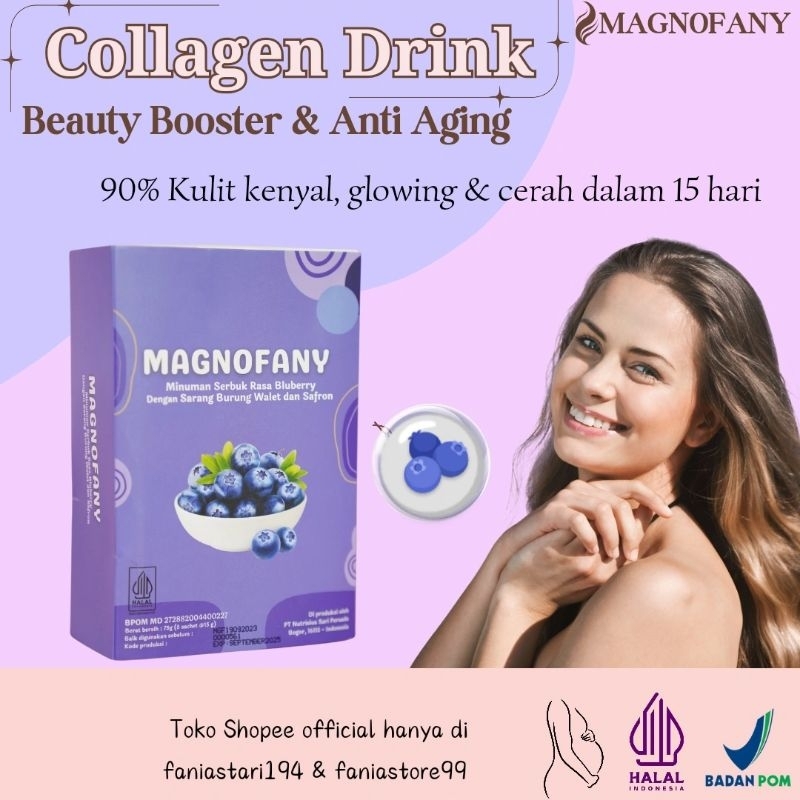 

Magnofany Collagen Drink with Birdbest & Saffron | Minuman colagen glutathione rasa blueberry BPOM