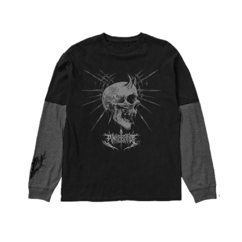 LONG SLEEVES PINKHEARTZ MONSTER SKULL SATAN Kaos Distro Lengan Panjang  Pria Wanita Metal
