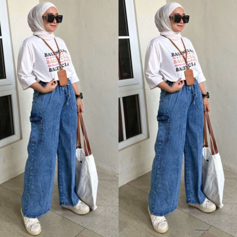 Celana Cargo Jeans Pinggang Karet Wanita Higwaist Cargo Jeans Wanita