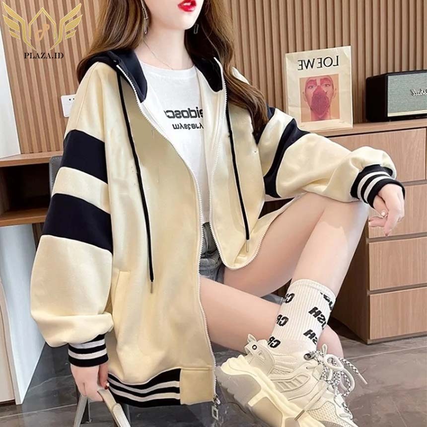 HOODIE ZIPPER PRIA OVERSIZE PREMIUM JAKET DEWASA S-6XL KOMBINASI HITAM BEIGE JAKET JUMBO