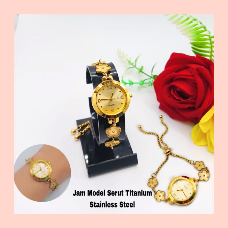 Jam Tangan Wanita Terbaru Warna Gold Model Serut Titanium Anti Karat