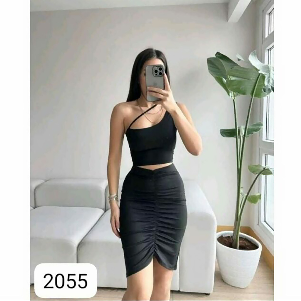 2055 Setelan Rok Midi Atasan Oneshoulder String Tali - Baju Sexy LC Nyanyi Wanita Scuba Bodycon