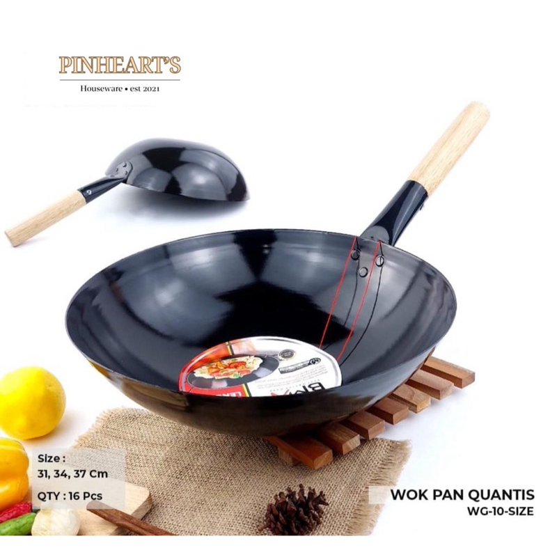 WAJAN WOK KUALI PENGGORENGAN HITAM STIRWOK ANTI LENGKET GAGANG KAYU | WAJAN HITAM ANTI LENGKET GAGAN