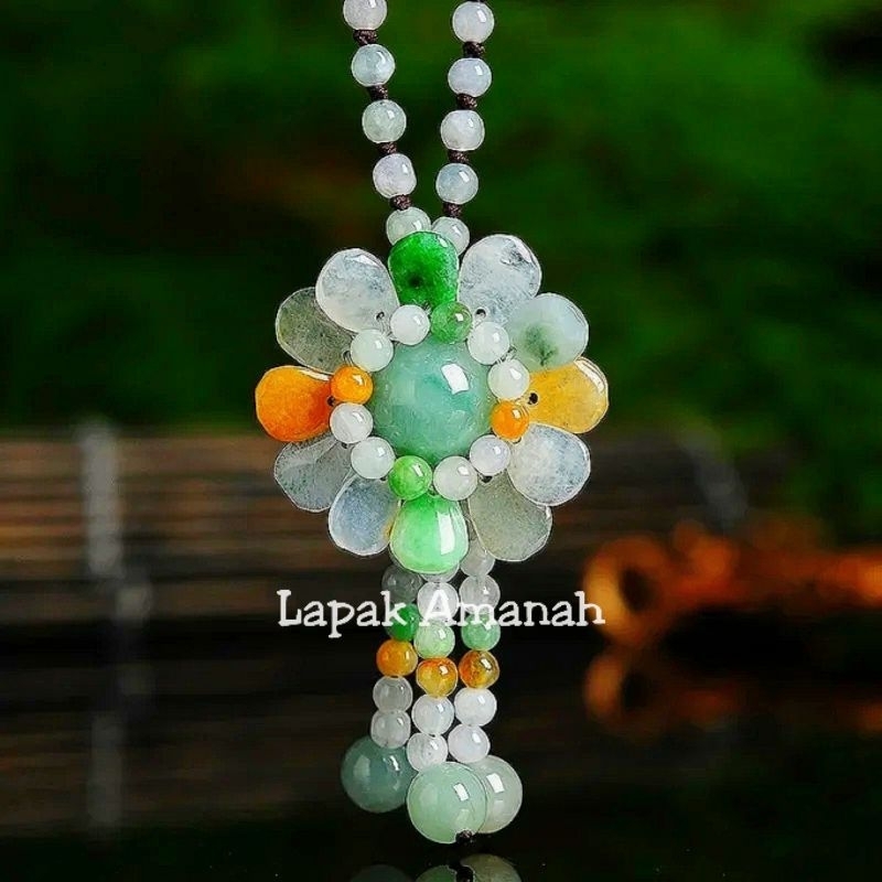 Kalung Giok Burma Asli Natural Motif Bunga Original
