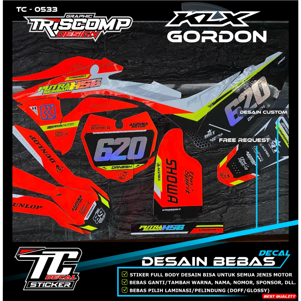 Decal sticker KLX Gordon Motif orange terbaru kombinasi Hologram desain custom terbaru bisa Ubah nam