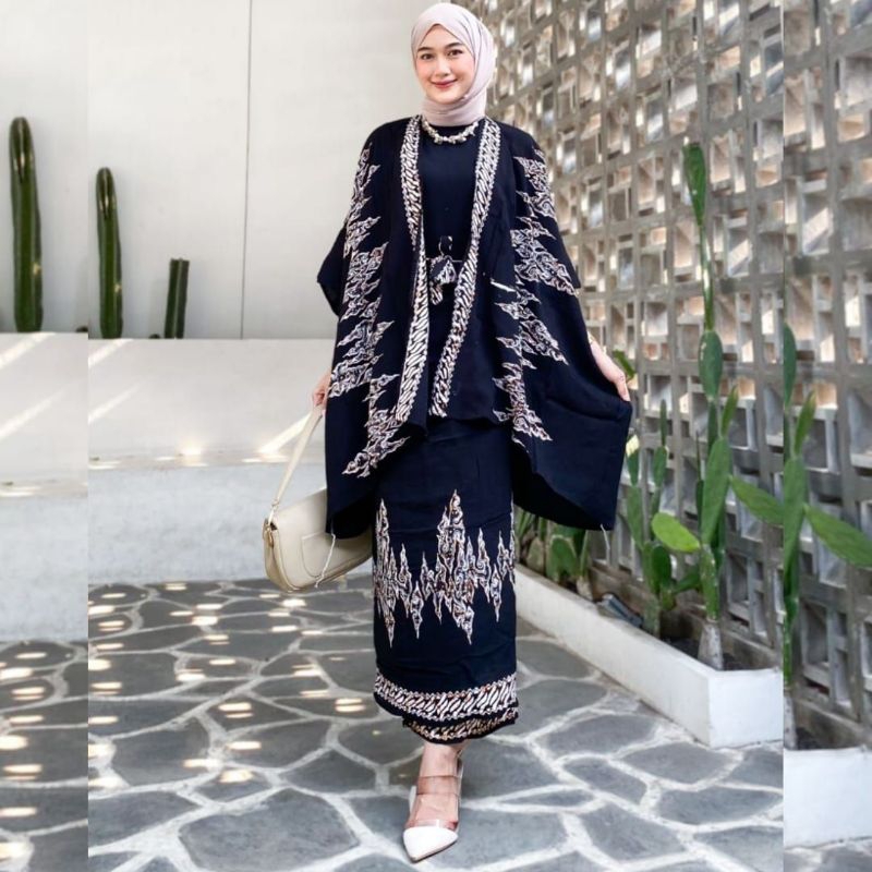 Outfit Kondangan Simpel One Set Batik Outer Rok Lilit Kimono Wanita Rayon Motif Mega Mendung