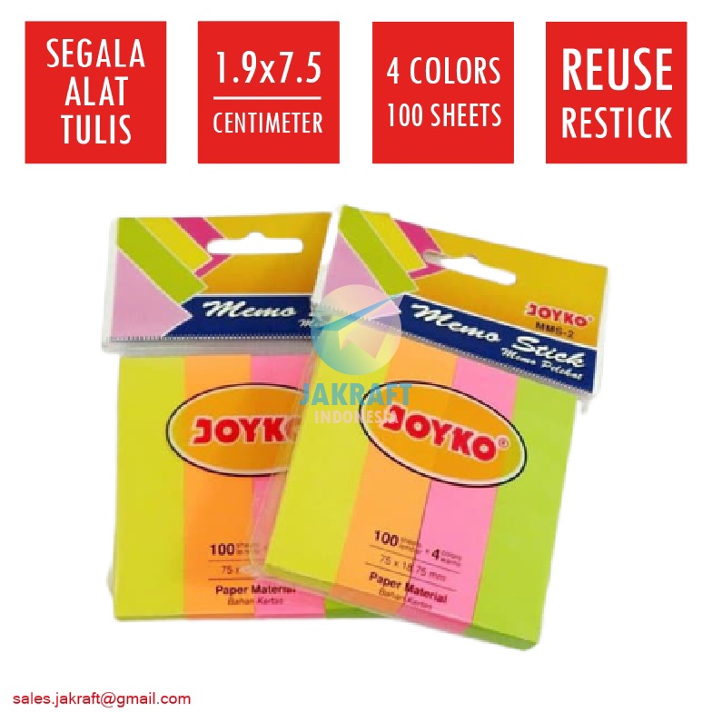 

PRODUCT IMPOR 4 Lembar Kertas Memo Stick Tempel 4 Warna Neon JOYKO MMS2 Mix Color Sticky Note 19 x 75 Cm