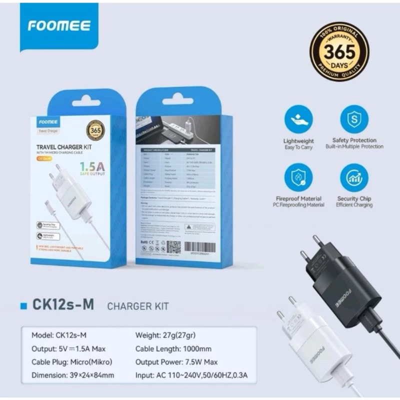 (COD) TRAVEL CHARGER FOOMEE CK12 , WITH CABLE DATA MICRO ORIGINAL Foomee Ck12s / TERLARIS KABEL DATA